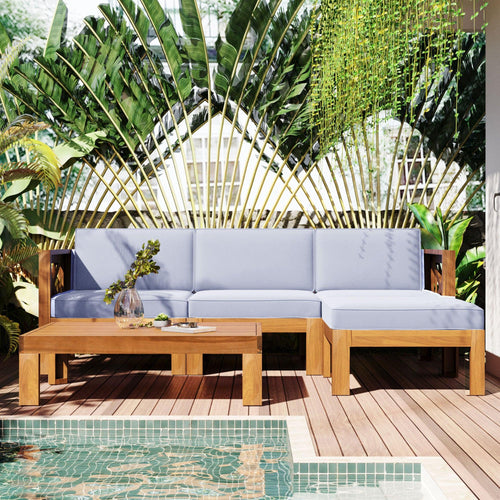 Natural Wood 5-Piece Outdoor Sectional Sofa with Cushions.