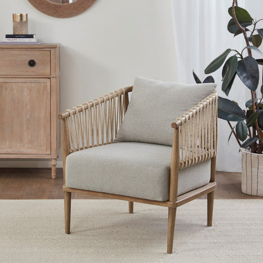 Arm Chair with Open Weave Jute Twine Rope Design in Natural Solid Wood Accent Chair