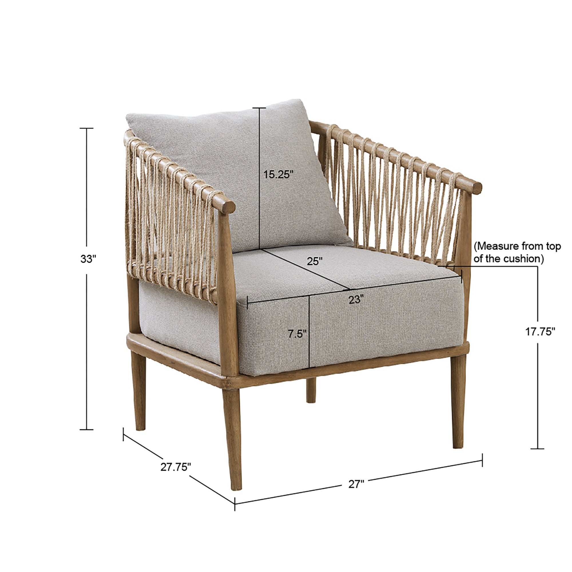 Arm Chair with Open Weave Jute Twine Rope Design in Natural Solid Wood Accent Chair