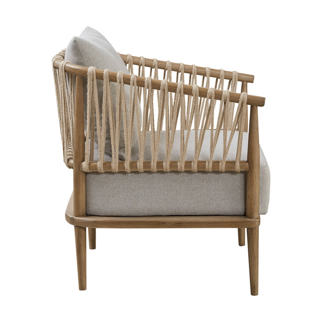 Arm Chair with Open Weave Jute Twine Rope Design in Natural Solid Wood Accent Chair