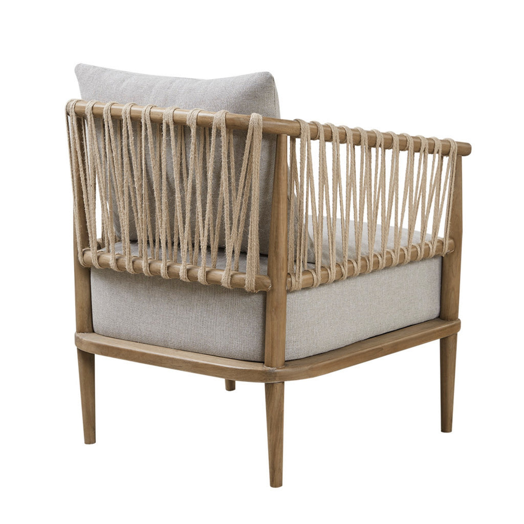 Arm Chair with Open Weave Jute Twine Rope Design in Natural Solid Wood Accent Chair