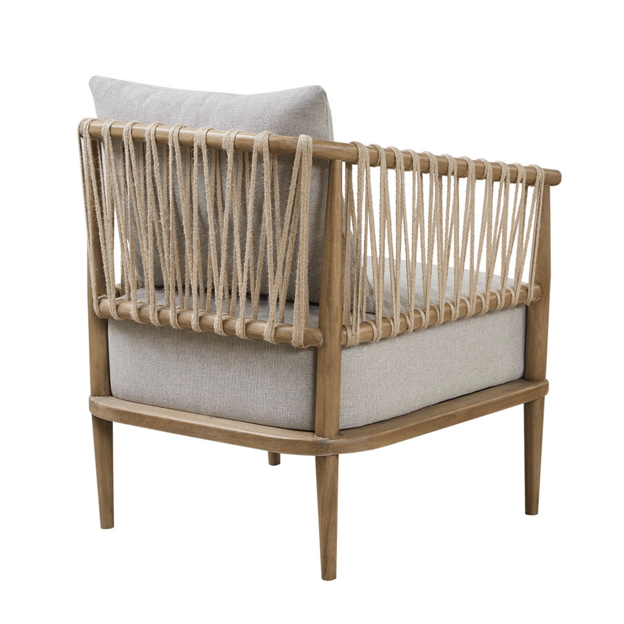 Arm Chair with Open Weave Jute Twine Rope Design in Natural Solid Wood Accent Chair