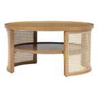 2-Tiered Round Natural Wood Coffee Table with Storage Rattan Base in 31.3''