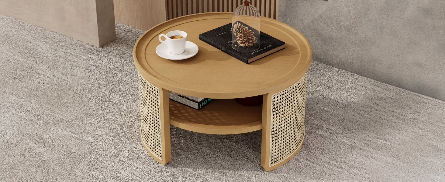 2-Tiered Round Natural Wood Coffee Table with Storage Rattan Base in 31.3''