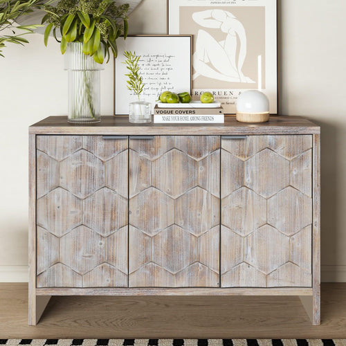 Natural Wood Finish Farmhouse Accent Cabinet with 3 Doors.
