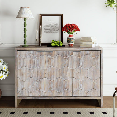 Natural Wood Finish Farmhouse Accent Cabinet with 3 Doors.