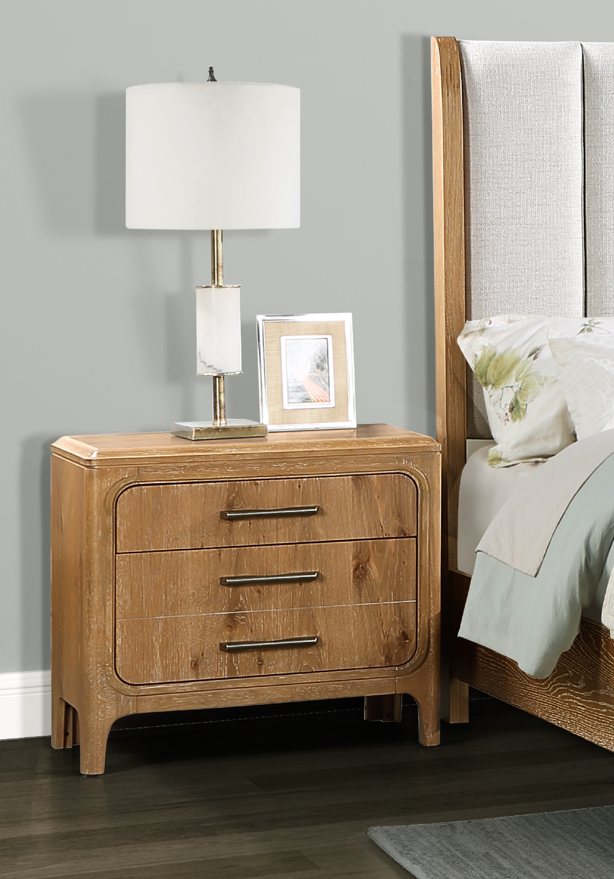 1pc Natural Wood Finish Three Drawer Nightstand Wooden Bedroom Furniture