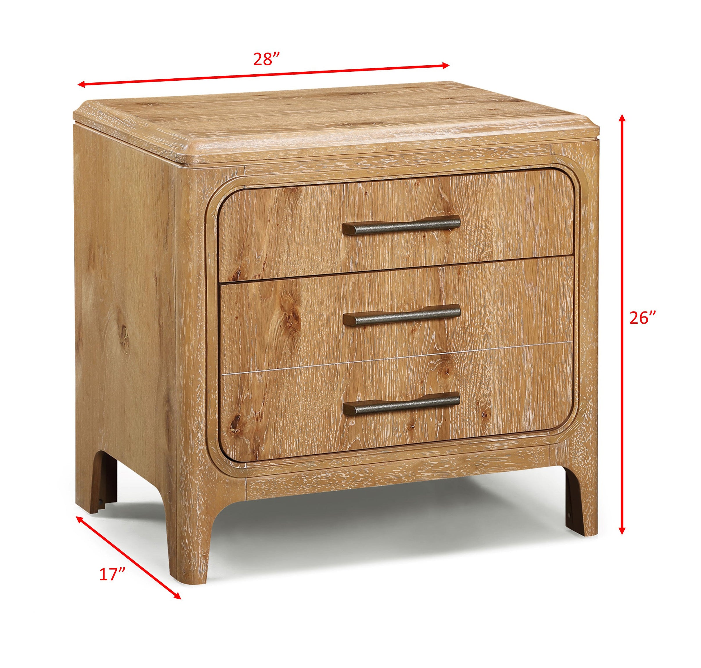 1pc Natural Wood Finish Three Drawer Nightstand Wooden Bedroom Furniture