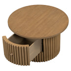 Round Coffee Table for Living Room in Natural, Farmhouse Coffee Table with a Drawer, Center Table with Vertical Slat Base in 30.5'