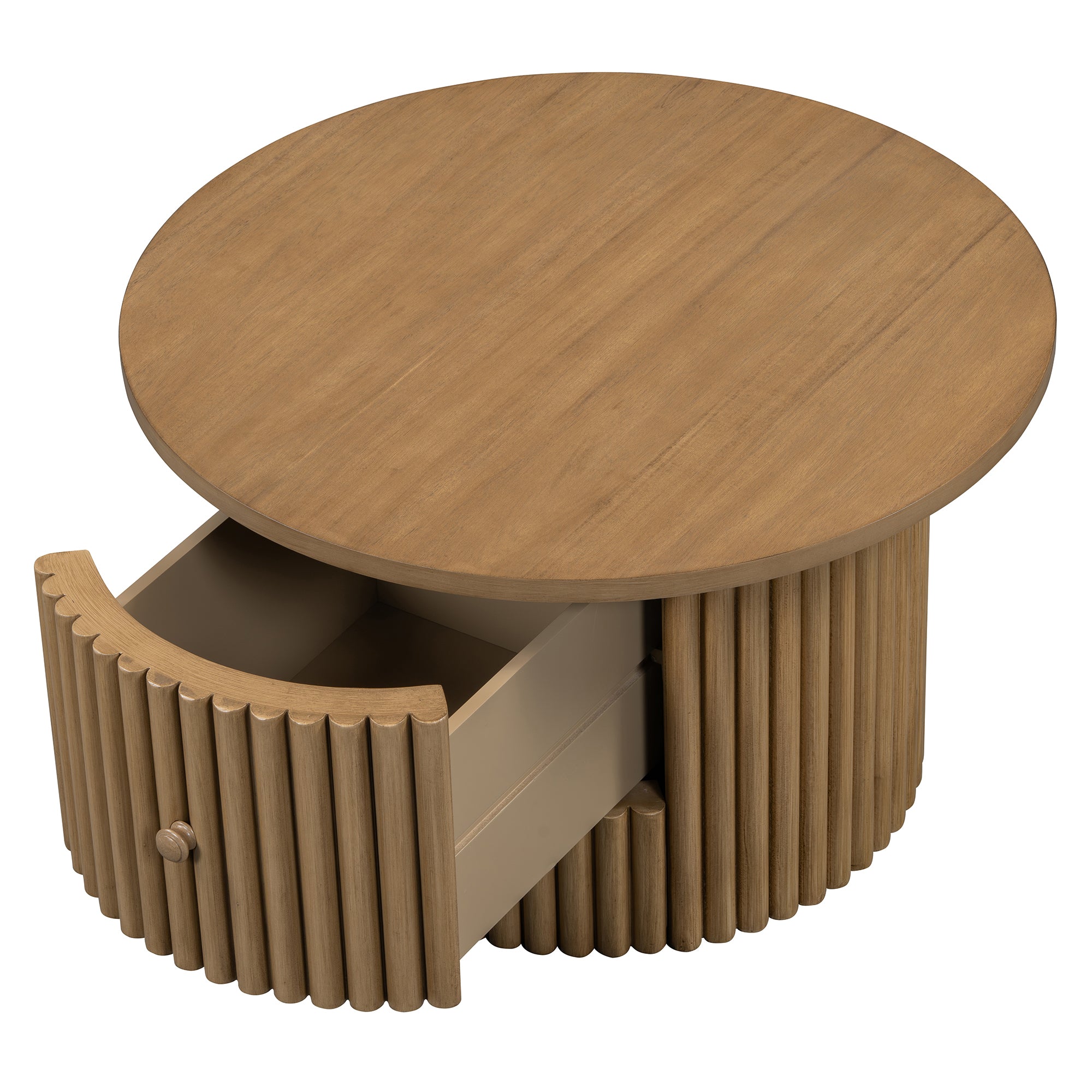 Round Coffee Table for Living Room in Natural, Farmhouse Coffee Table with a Drawer, Center Table with Vertical Slat Base in 30.5'