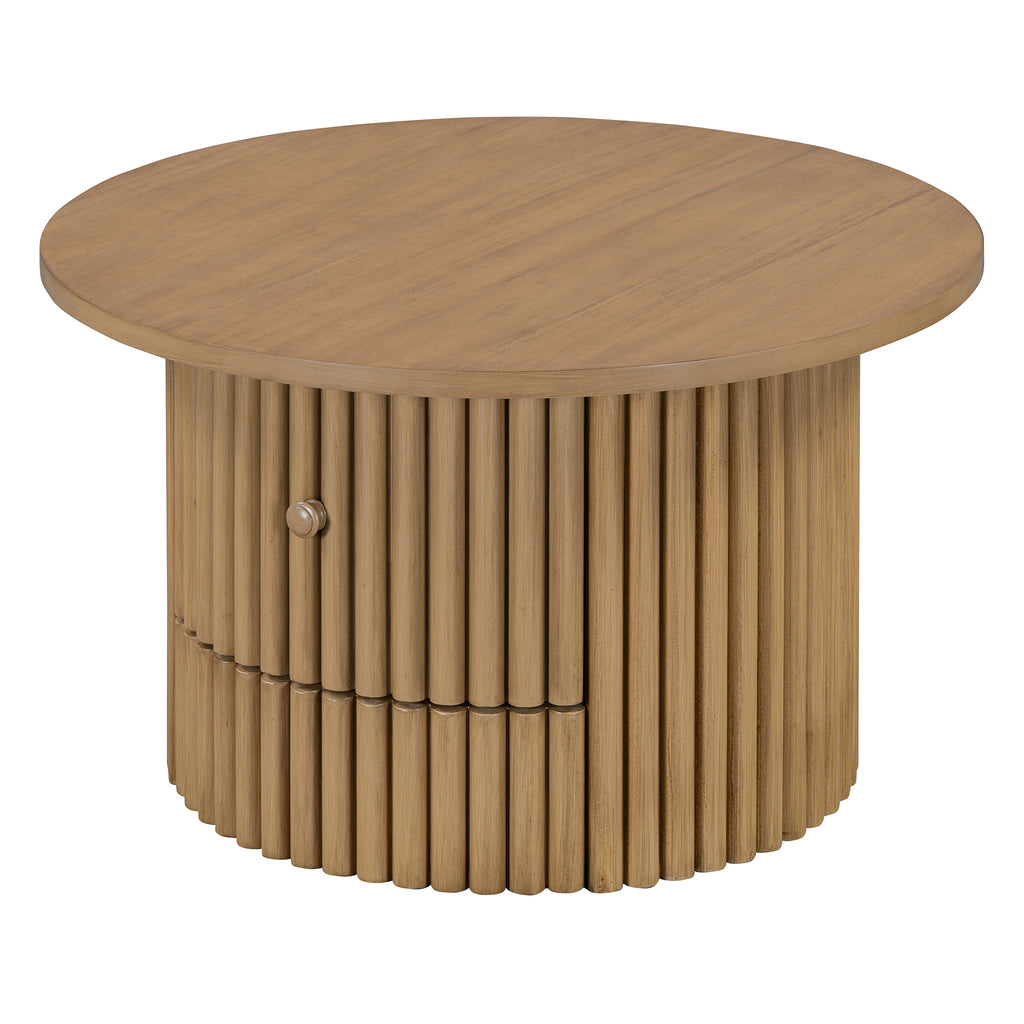 Round Coffee Table for Living Room in Natural, Farmhouse Coffee Table with a Drawer, Center Table with Vertical Slat Base in 30.5'