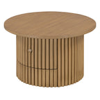 Round Coffee Table for Living Room in Natural, Farmhouse Coffee Table with a Drawer, Center Table with Vertical Slat Base in 30.5'
