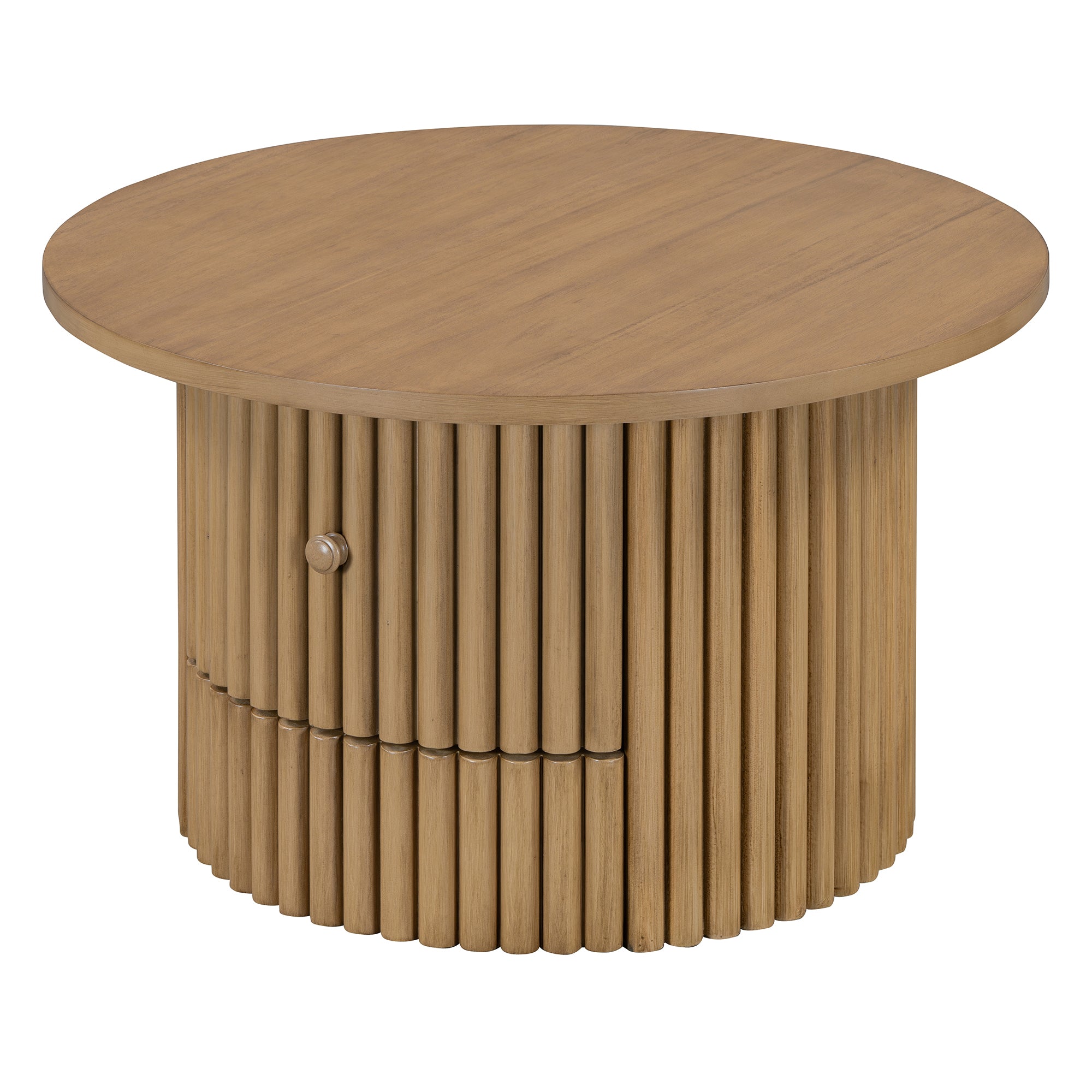 Round Coffee Table for Living Room in Natural, Farmhouse Coffee Table with a Drawer, Center Table with Vertical Slat Base in 30.5'