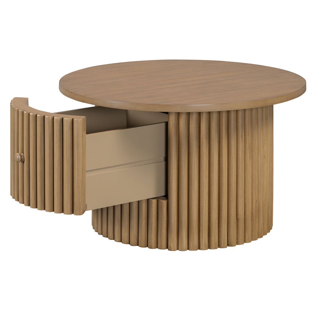 Round Coffee Table for Living Room in Natural, Farmhouse Coffee Table with a Drawer, Center Table with Vertical Slat Base in 30.5'