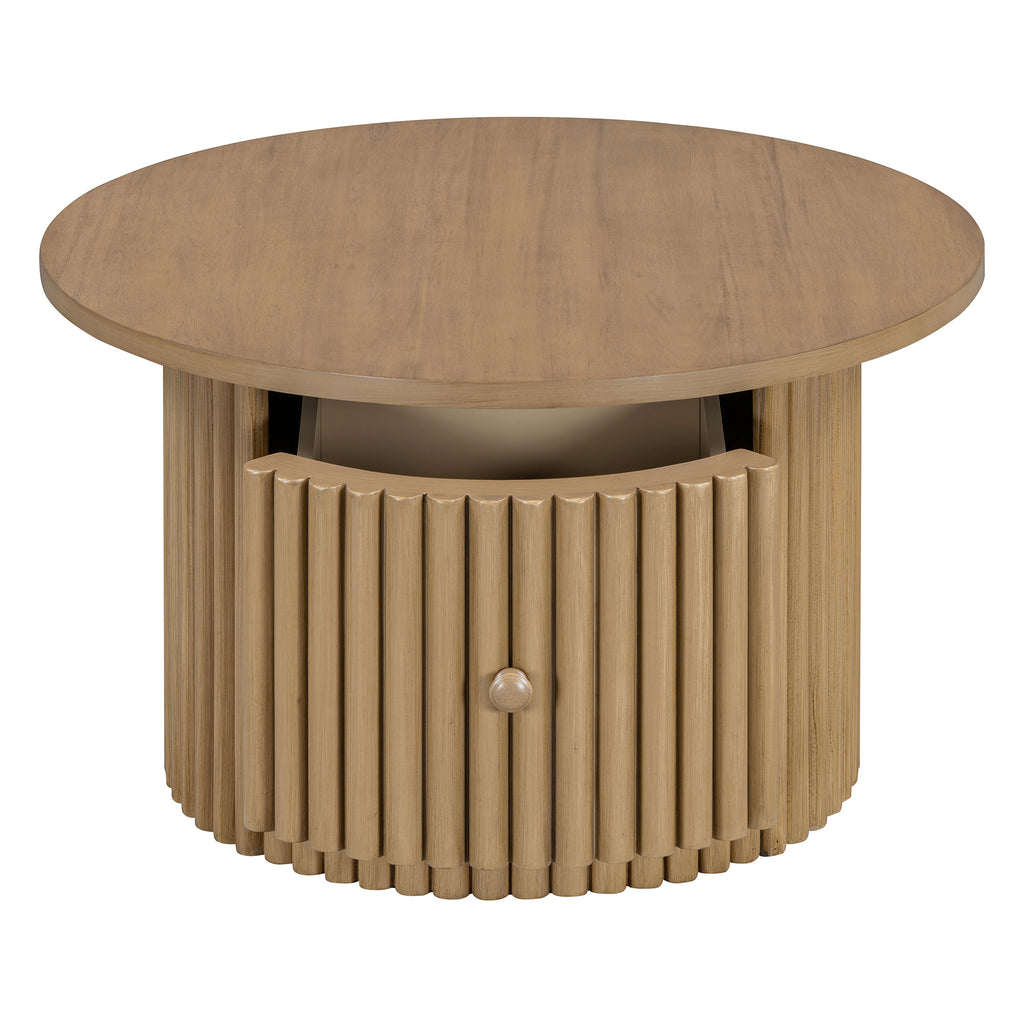 Round Coffee Table for Living Room in Natural, Farmhouse Coffee Table with a Drawer, Center Table with Vertical Slat Base in 30.5'