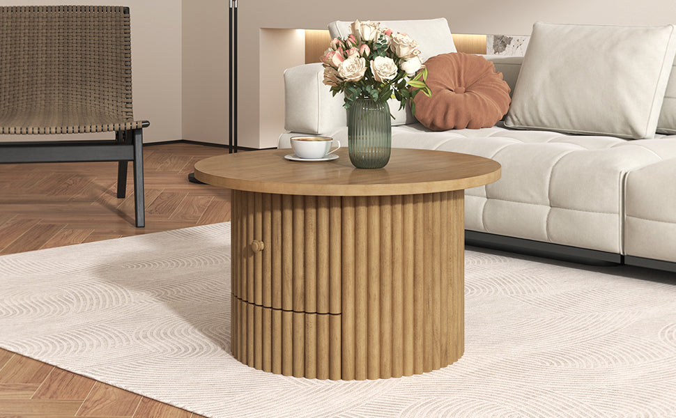 Round Coffee Table for Living Room in Natural, Farmhouse Coffee Table with a Drawer, Center Table with Vertical Slat Base in 30.5'