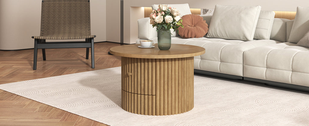 Round Coffee Table for Living Room in Natural, Farmhouse Coffee Table with a Drawer, Center Table with Vertical Slat Base in 30.5'