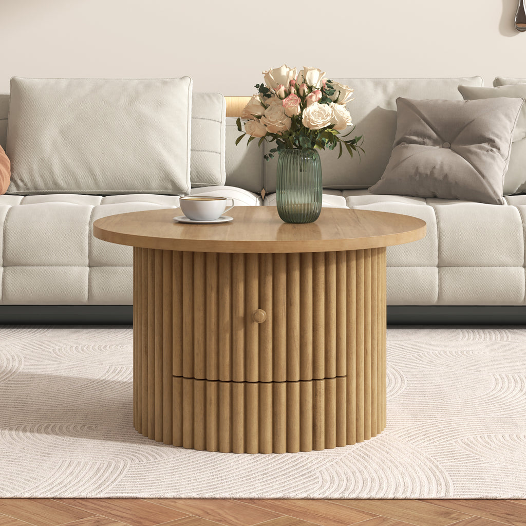 Round Coffee Table for Living Room in Natural, Farmhouse Coffee Table with a Drawer, Center Table with Vertical Slat Base in 30.5'