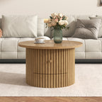 Round Coffee Table for Living Room in Natural, Farmhouse Coffee Table with a Drawer, Center Table with Vertical Slat Base in 30.5'