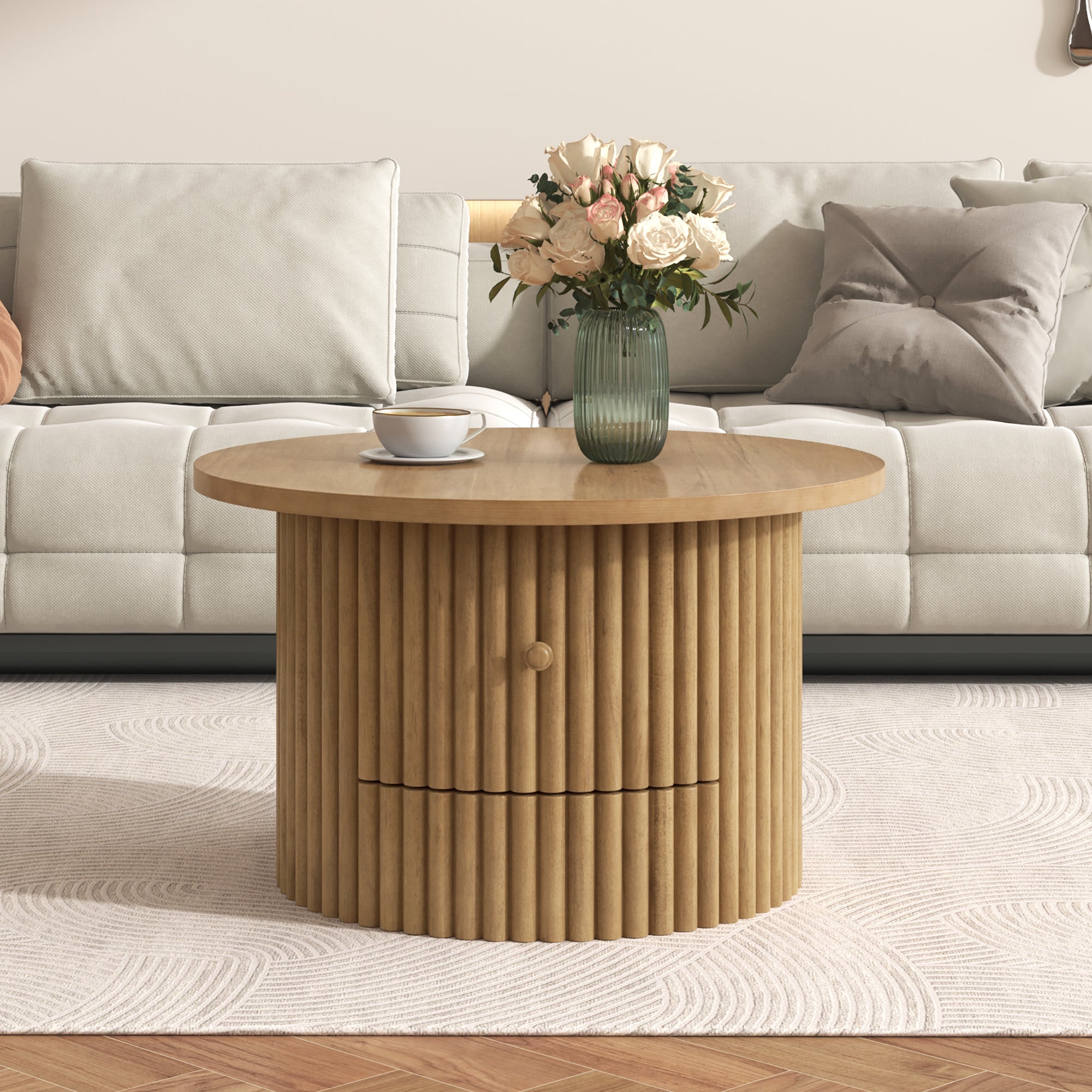 Round Coffee Table for Living Room in Natural, Farmhouse Coffee Table with a Drawer, Center Table with Vertical Slat Base in 30.5'
