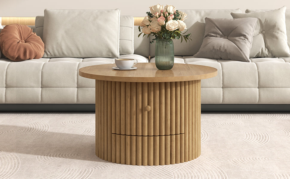 Round Coffee Table for Living Room in Natural, Farmhouse Coffee Table with a Drawer, Center Table with Vertical Slat Base in 30.5'