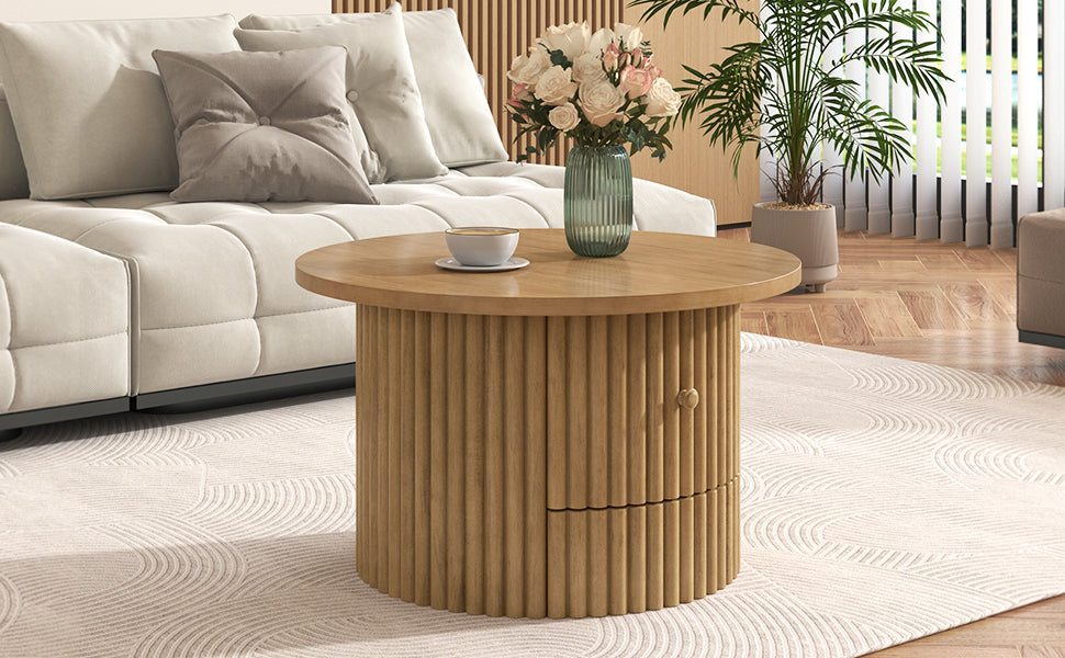 Round Coffee Table for Living Room in Natural, Farmhouse Coffee Table with a Drawer, Center Table with Vertical Slat Base in 30.5'