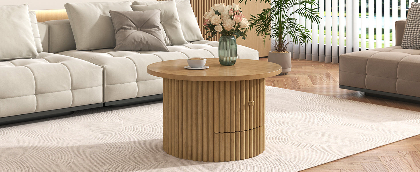 Round Coffee Table for Living Room in Natural, Farmhouse Coffee Table with a Drawer, Center Table with Vertical Slat Base in 30.5'