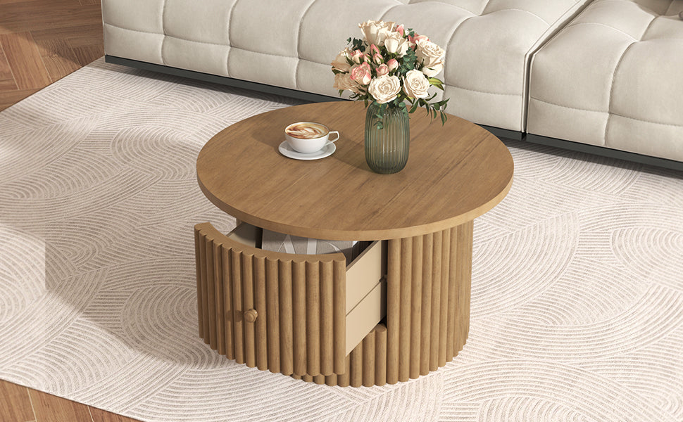 Round Coffee Table for Living Room in Natural, Farmhouse Coffee Table with a Drawer, Center Table with Vertical Slat Base in 30.5'