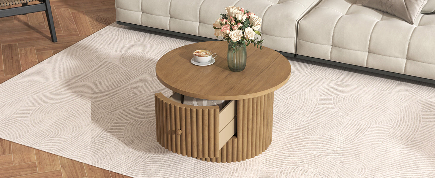 Round Coffee Table for Living Room in Natural, Farmhouse Coffee Table with a Drawer, Center Table with Vertical Slat Base in 30.5'
