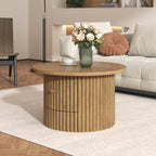 Round Coffee Table for Living Room in Natural, Farmhouse Coffee Table with a Drawer, Center Table with Vertical Slat Base in 30.5'