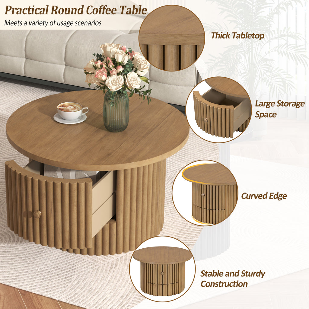Round Coffee Table for Living Room in Natural, Farmhouse Coffee Table with a Drawer, Center Table with Vertical Slat Base in 30.5'