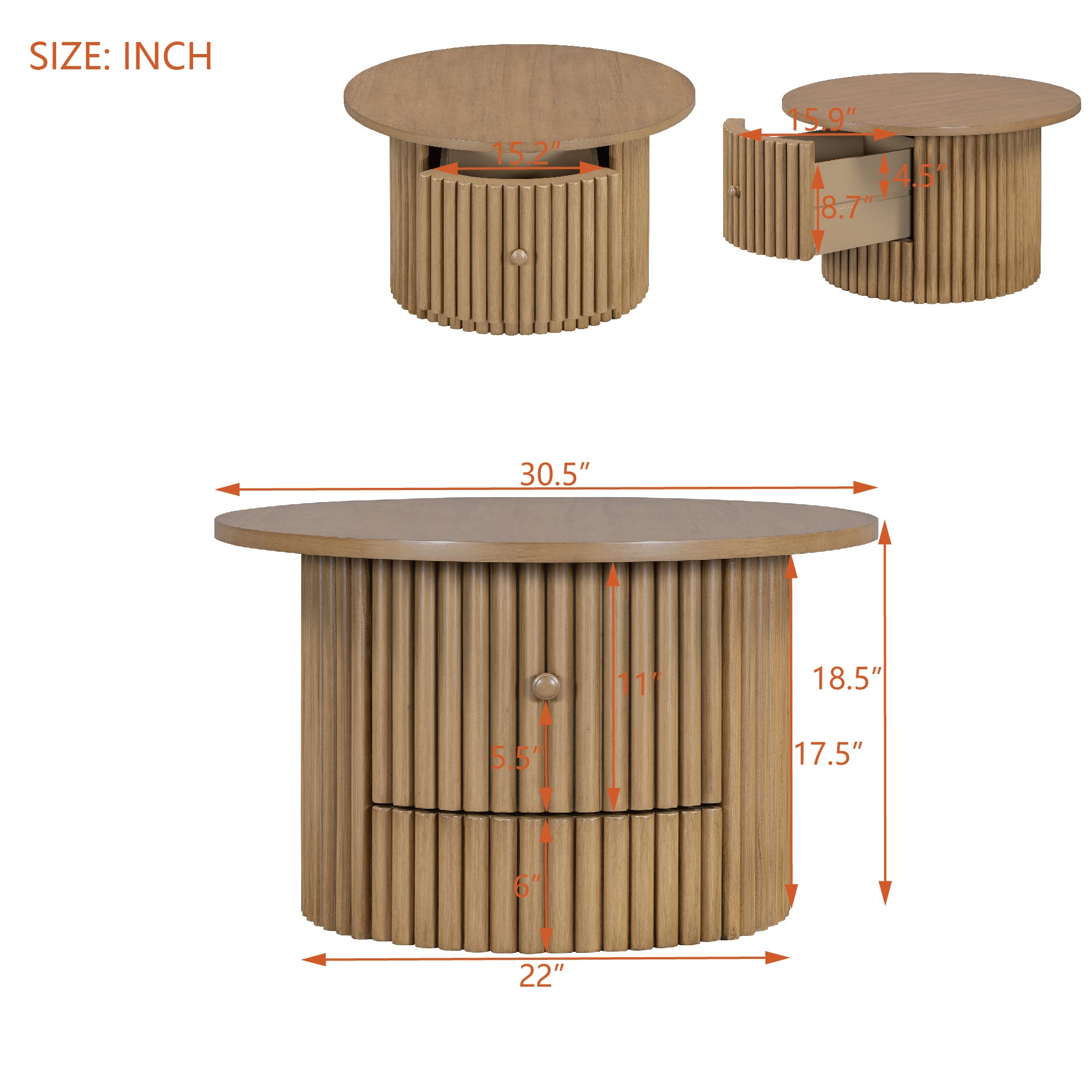 Round Coffee Table for Living Room in Natural, Farmhouse Coffee Table with a Drawer, Center Table with Vertical Slat Base in 30.5'