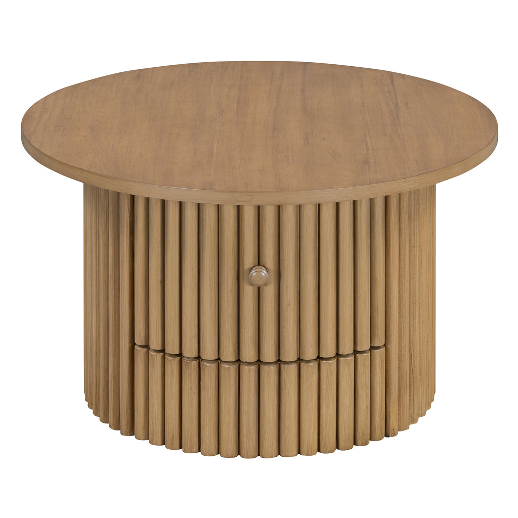 Round Coffee Table for Living Room in Natural, Farmhouse Coffee Table with a Drawer, Center Table with Vertical Slat Base in 30.5'
