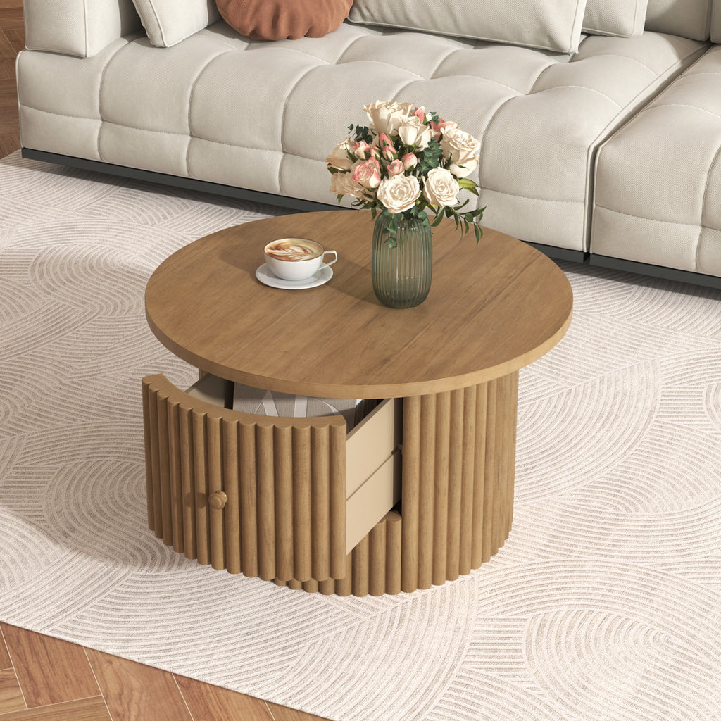Round Coffee Table for Living Room in Natural, Farmhouse Coffee Table with a Drawer, Center Table with Vertical Slat Base in 30.5'