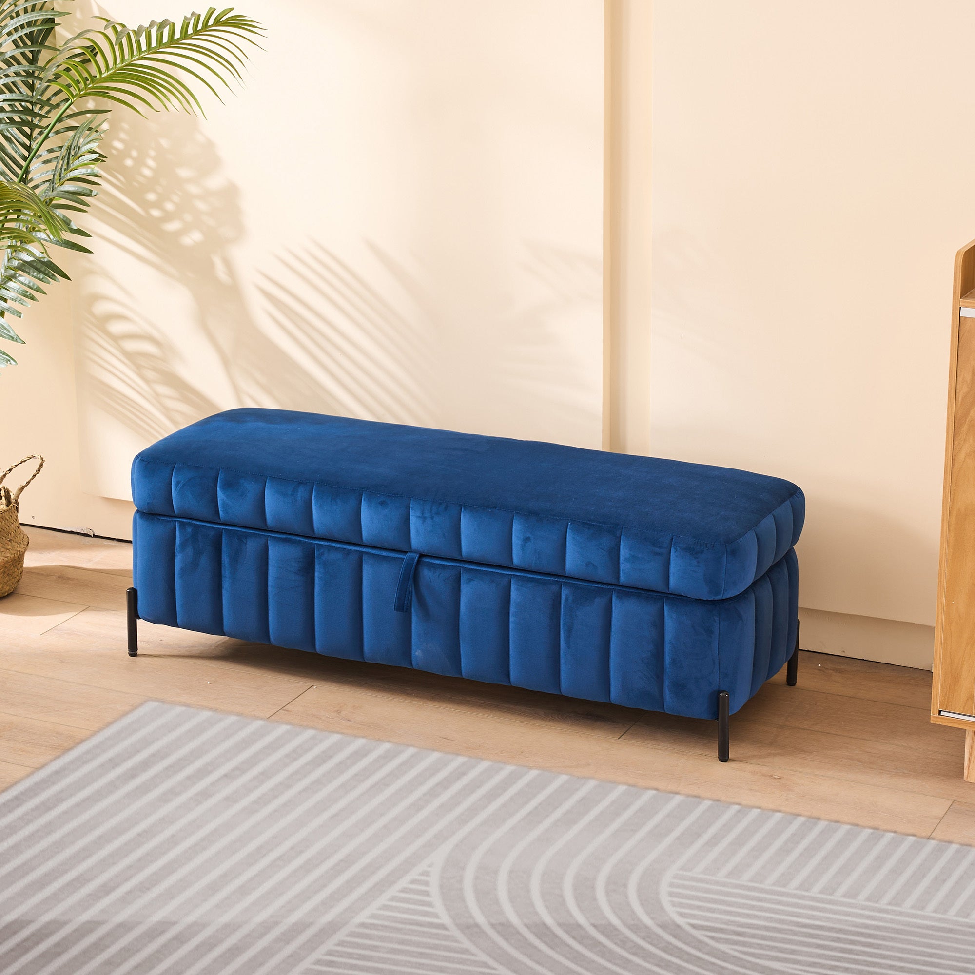 49.21' Wide Upholstered Velvet Storage Soft Bench Footstool Ottoman End of Bed with Metal Legs, Foot Rest for Living Room, Entryway and Bedroom, Black, Navy