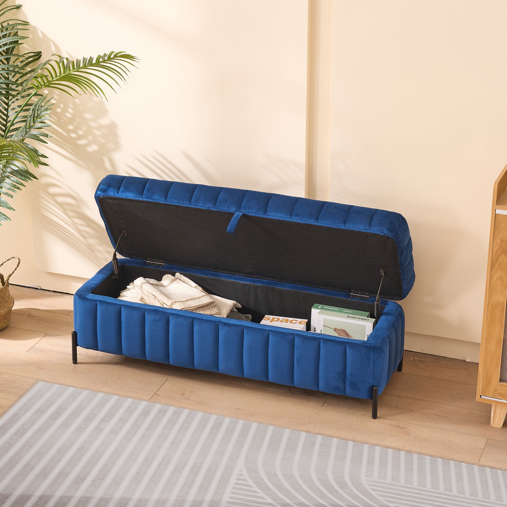 49.21' Wide Upholstered Velvet Storage Soft Bench Footstool Ottoman End of Bed with Metal Legs, Foot Rest for Living Room, Entryway and Bedroom, Black, Navy