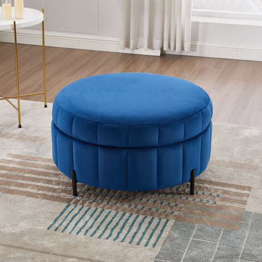 31.5'W Upholstered Round Ottoman With Reversible Lid, Velvet Storage Stool, Channel Tufted Pumpkin-shape Footstool for Living room, Bedroom and Office, Navy