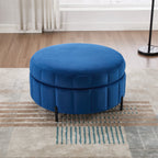 31.5'W Upholstered Round Ottoman With Reversible Lid, Velvet Storage Stool, Channel Tufted Pumpkin-shape Footstool for Living room, Bedroom and Office, Navy