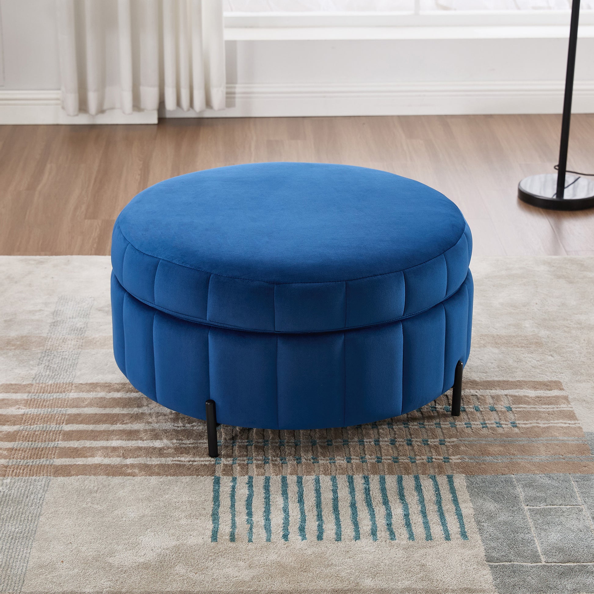31.5'W Upholstered Round Ottoman With Reversible Lid, Velvet Storage Stool, Channel Tufted Pumpkin-shape Footstool for Living room, Bedroom and Office, Navy