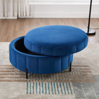 31.5'W Upholstered Round Ottoman With Reversible Lid, Velvet Storage Stool, Channel Tufted Pumpkin-shape Footstool for Living room, Bedroom and Office, Navy