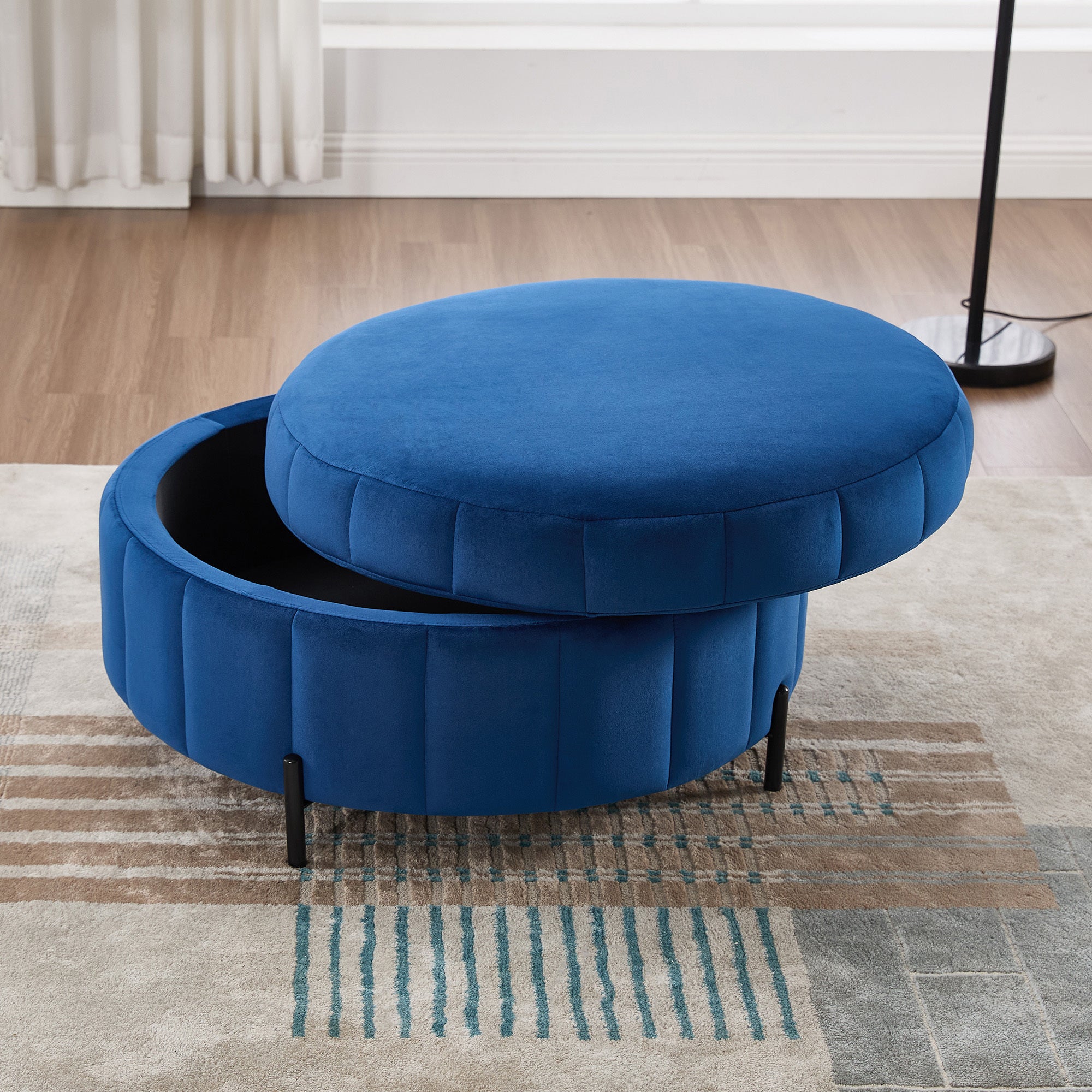 31.5'W Upholstered Round Ottoman With Reversible Lid, Velvet Storage Stool, Channel Tufted Pumpkin-shape Footstool for Living room, Bedroom and Office, Navy