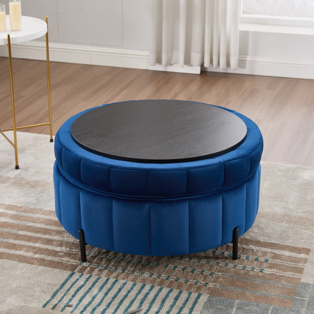 31.5'W Upholstered Round Ottoman With Reversible Lid, Velvet Storage Stool, Channel Tufted Pumpkin-shape Footstool for Living room, Bedroom and Office, Navy