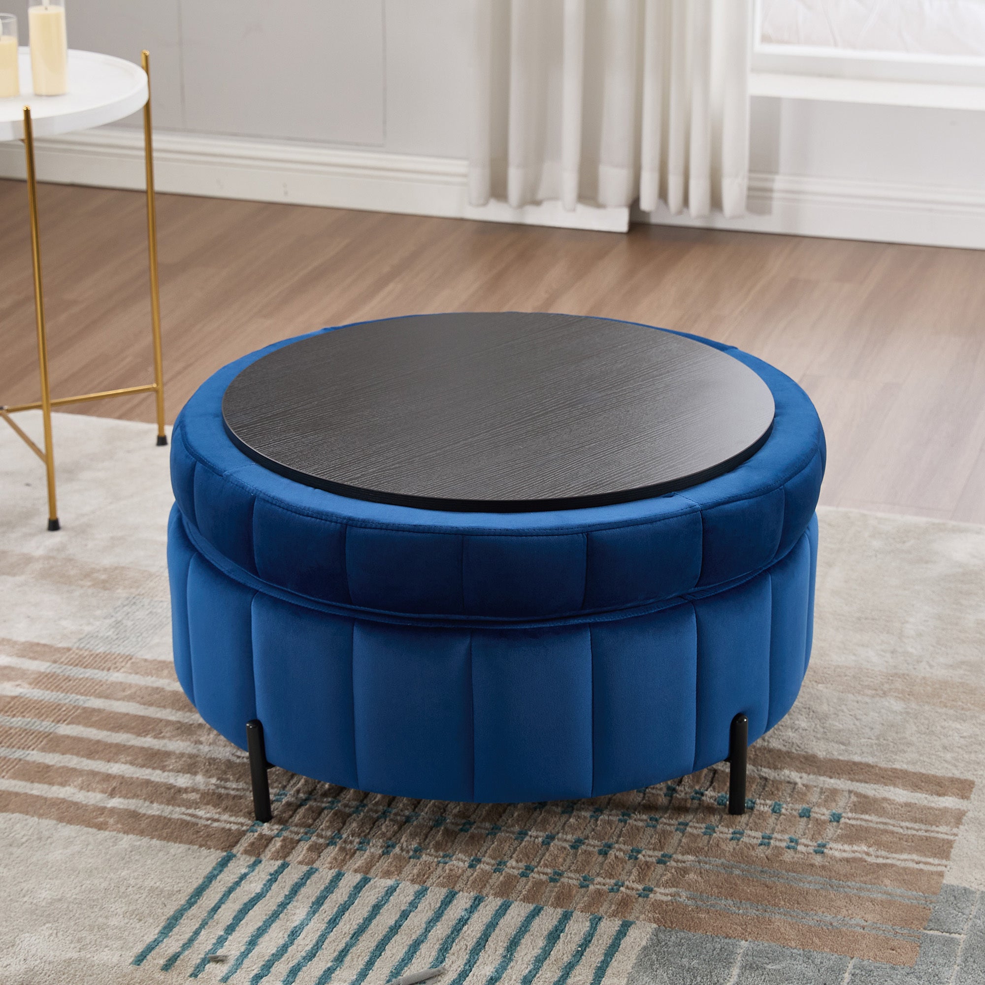 31.5'W Upholstered Round Ottoman With Reversible Lid, Velvet Storage Stool, Channel Tufted Pumpkin-shape Footstool for Living room, Bedroom and Office, Navy
