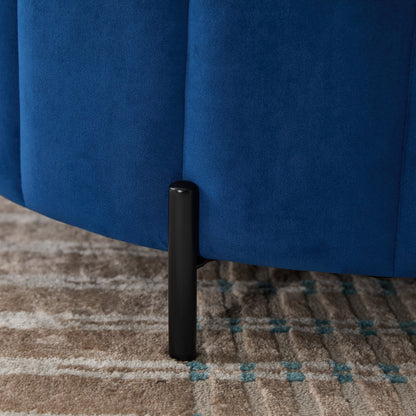 31.5'W Upholstered Round Ottoman With Reversible Lid, Velvet Storage Stool, Channel Tufted Pumpkin-shape Footstool for Living room, Bedroom and Office, Navy