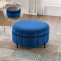 31.5'W Upholstered Round Ottoman With Reversible Lid, Velvet Storage Stool, Channel Tufted Pumpkin-shape Footstool for Living room, Bedroom and Office, Navy