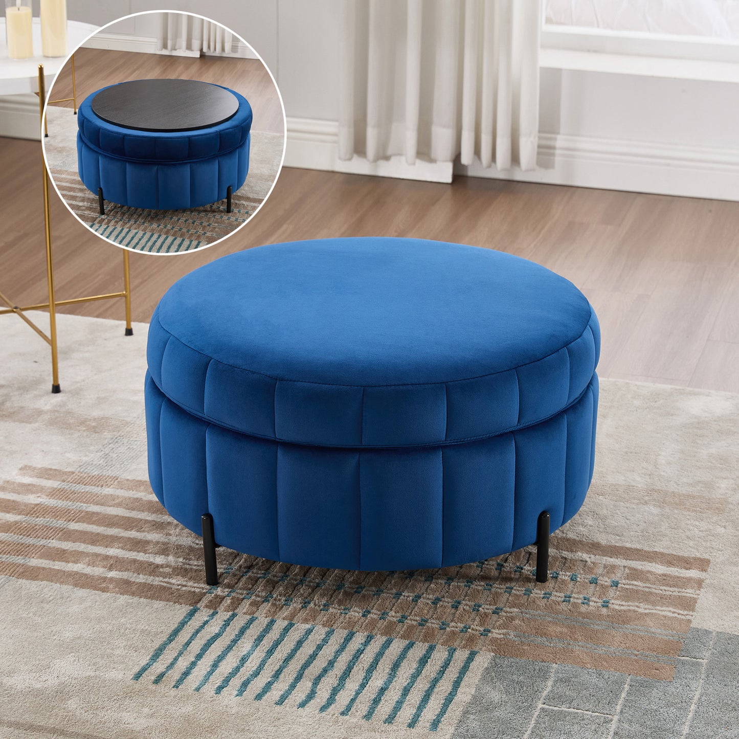 31.5'W Upholstered Round Ottoman With Reversible Lid, Velvet Storage Stool, Channel Tufted Pumpkin-shape Footstool for Living room, Bedroom and Office, Navy
