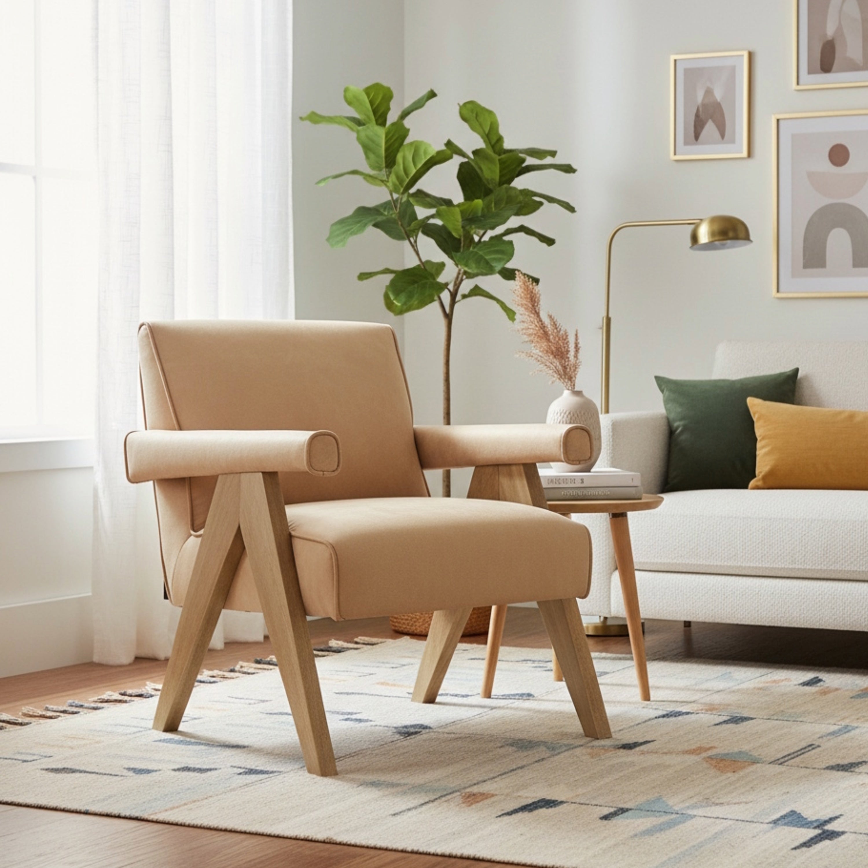 Nessi Modern Faux Leather Arm Chair in Sand with A-Frame Wood Legs Accent Chair