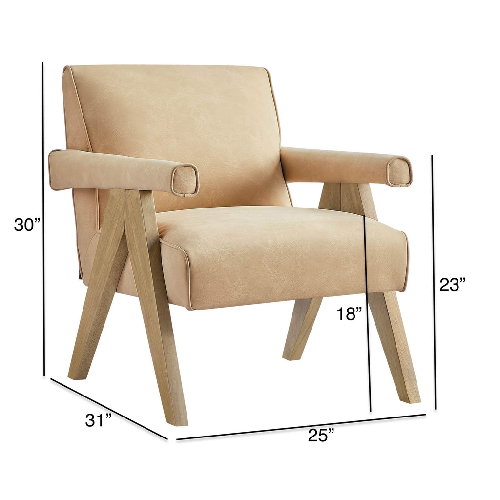 Nessi Modern Faux Leather Arm Chair in Sand with A-Frame Wood Legs Accent Chair