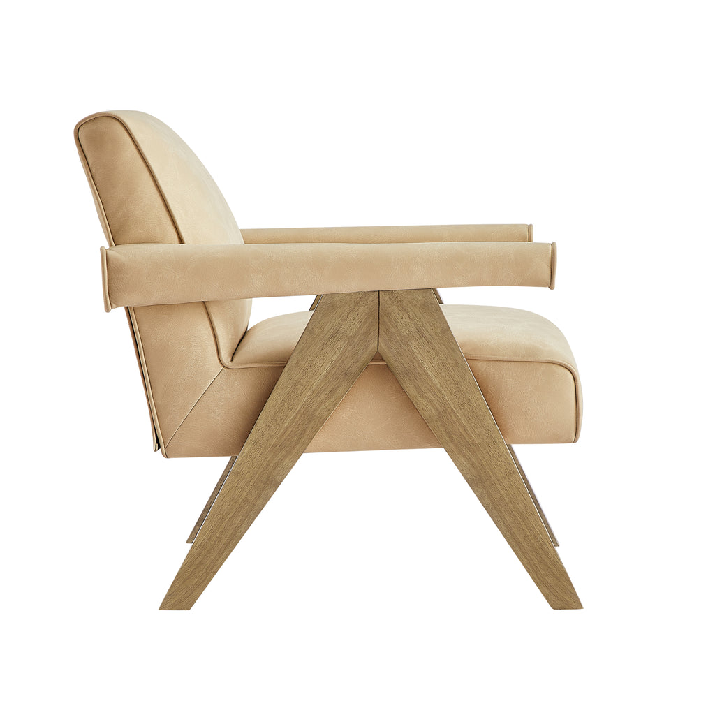 Nessi Modern Faux Leather Arm Chair in Sand with A-Frame Wood Legs Accent Chair