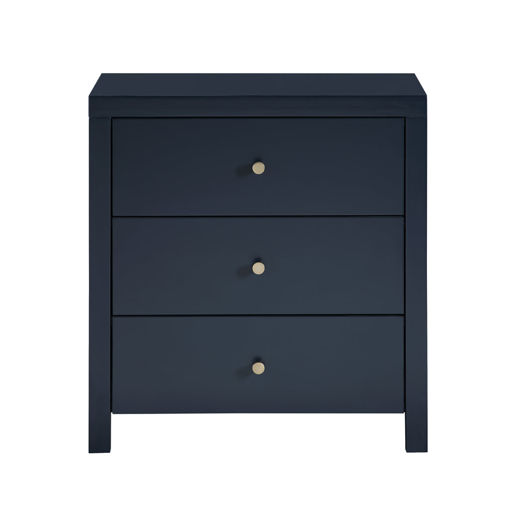 Nevarre 3-Drawer Nightstand in Midnight Blue with Brushed Gold Knobs, Wood and Synthetic Wood Construction